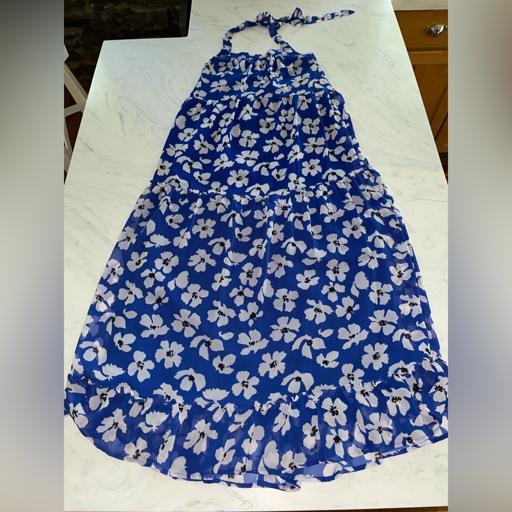 Who What Wear Capri Floral Maxi Dress Halter L Blue Tie Wrap Cotton Tiered New